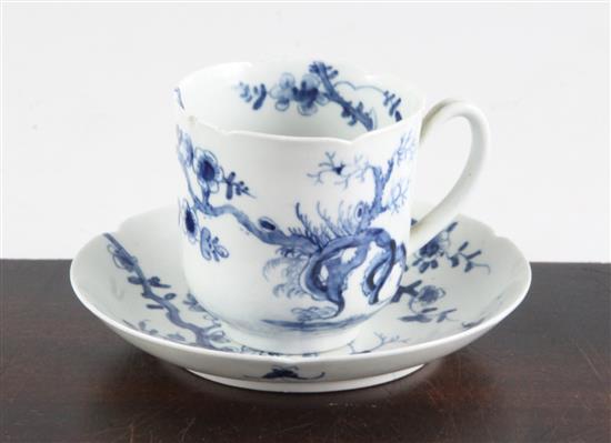 A Worcester Prunus Root pattern coffee cup and saucer, c.1754-58, cup height 6.3cm